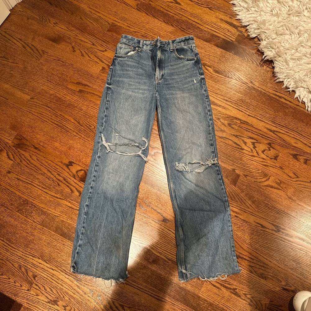 Zara Blue Straight Leg Jeans with Distressed Details